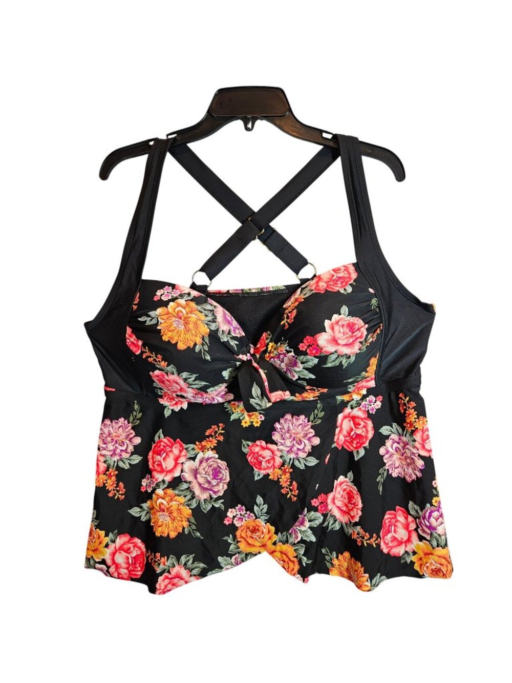 Floral Black Womens 16W Tankini Swim Top  Adjustable Straps Padded Cups colorful